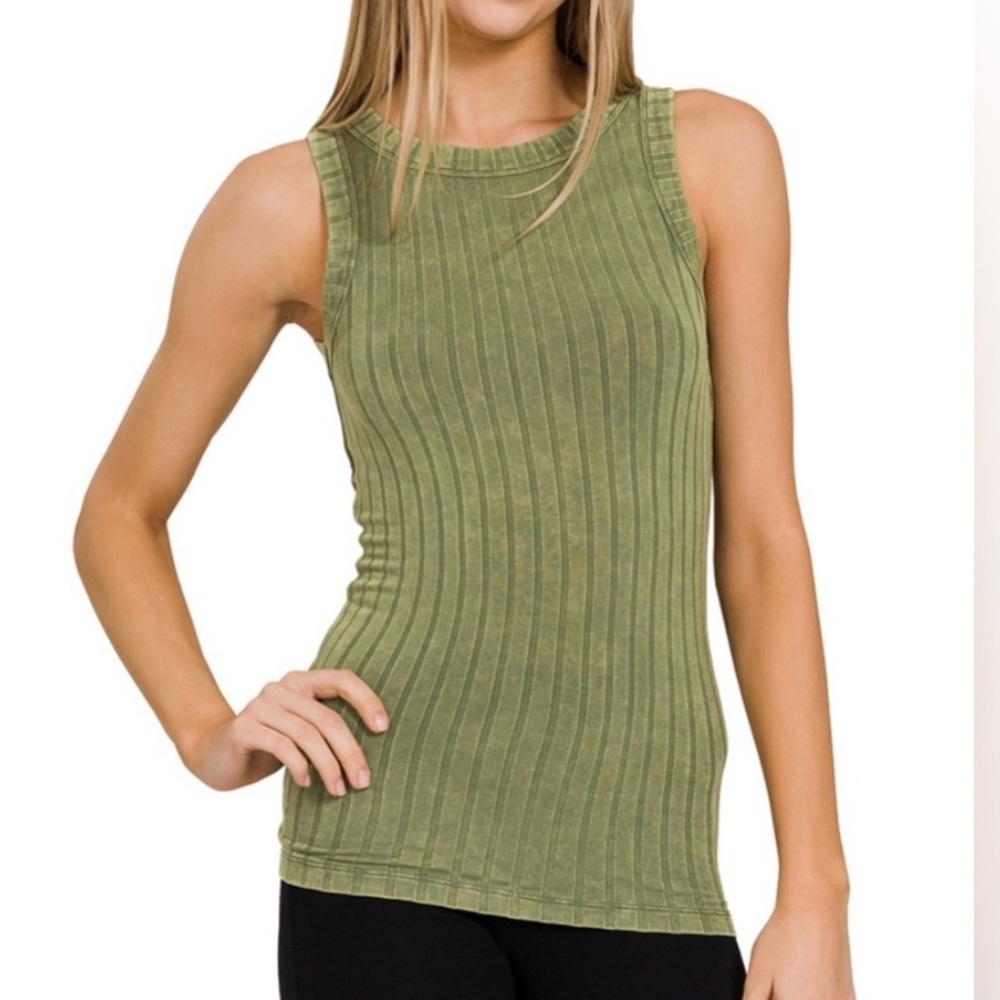 🟠NWT ZENANA Ribbed Scoop Neck Tank Top in Ash Olive